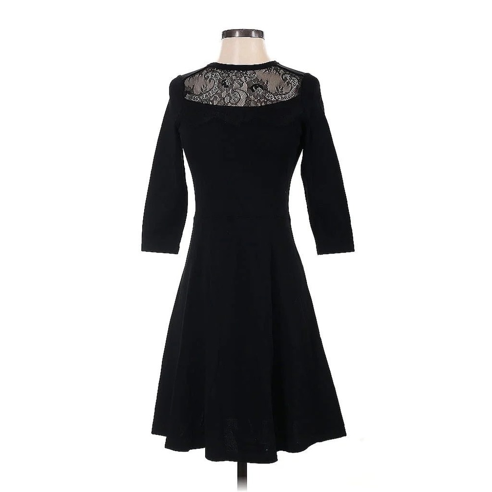 Etcetera Womens Black Lace Yoke Fit and Flare Dress 3/4 Sleeve Size S